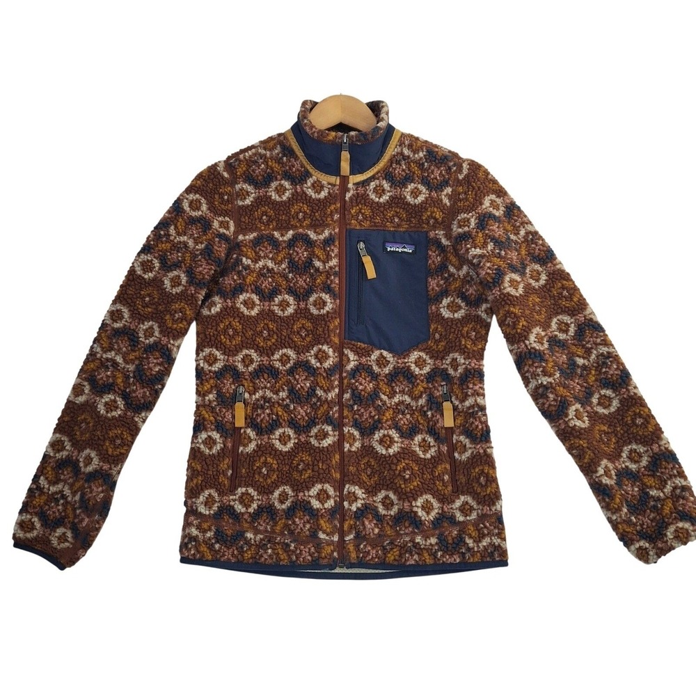 Patagonia Classic Retro-X Fleece Jacket Womens XS Brown Blue Fair Isle Full Zip